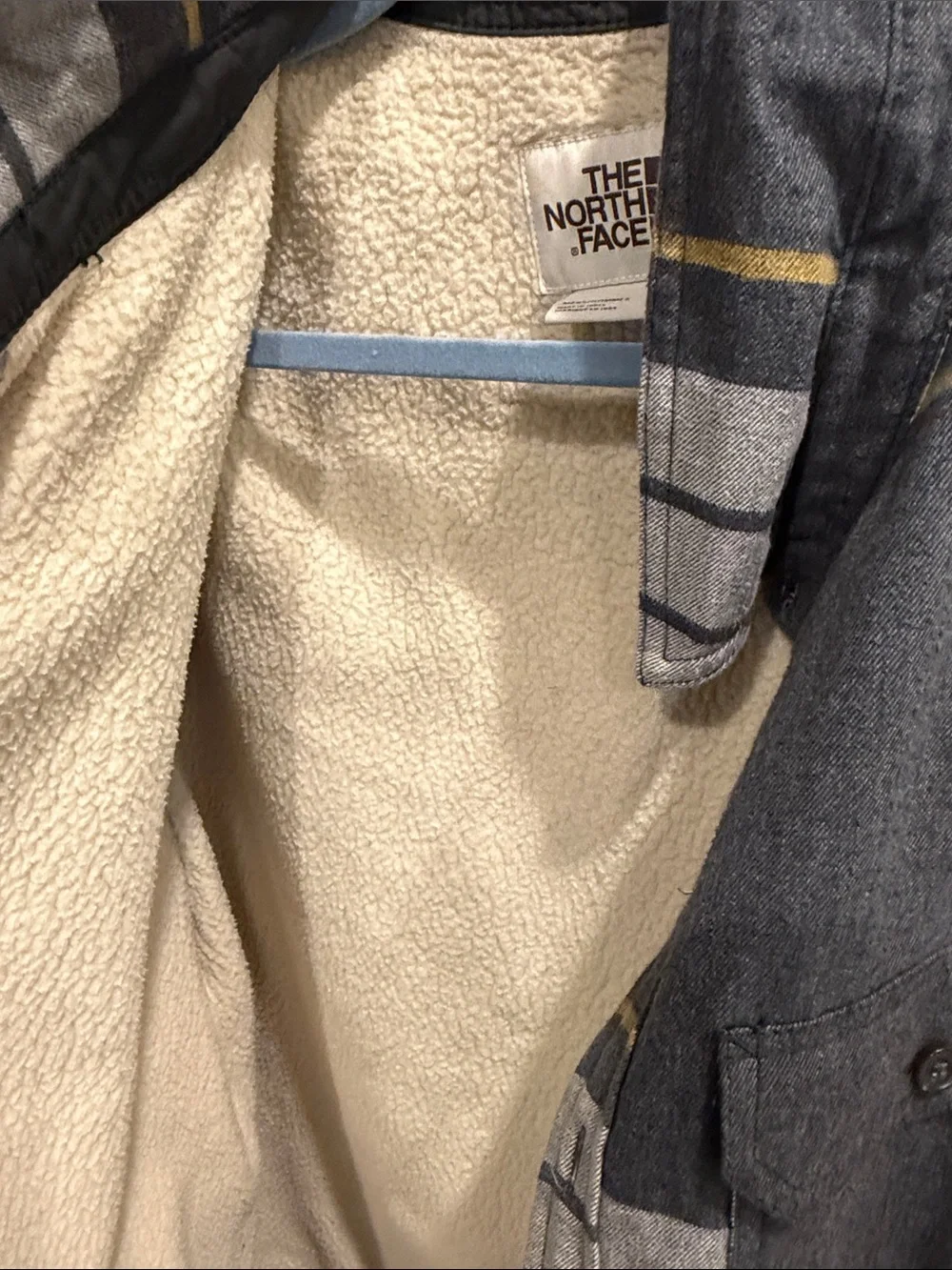 The North Face Men's Gray Plaid Sherpa Shirt Jacket with Yellow Accents